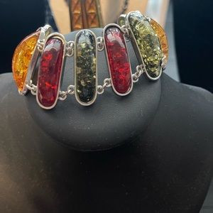 Price Drop Natural Amber Baltic Sea. Multi color wide i925 silver bracelet